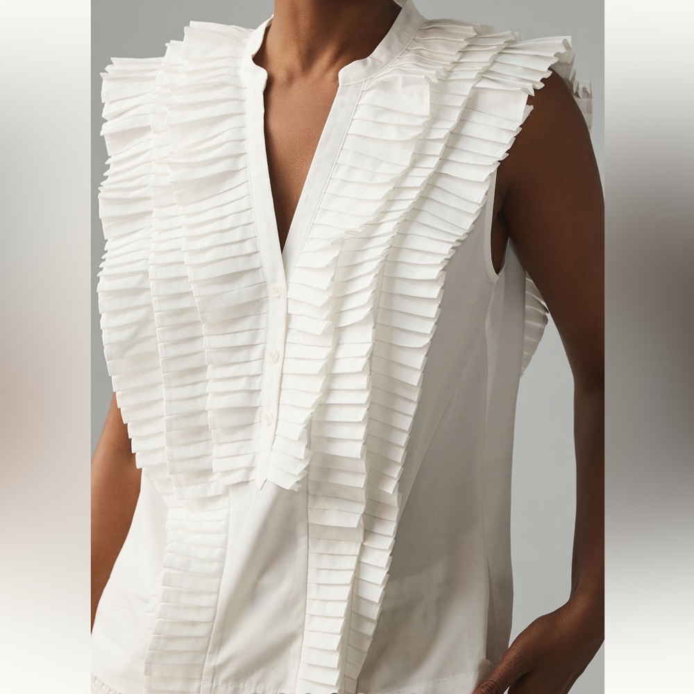 Maeve White Pleated Ruffle Sleeveless Blouse